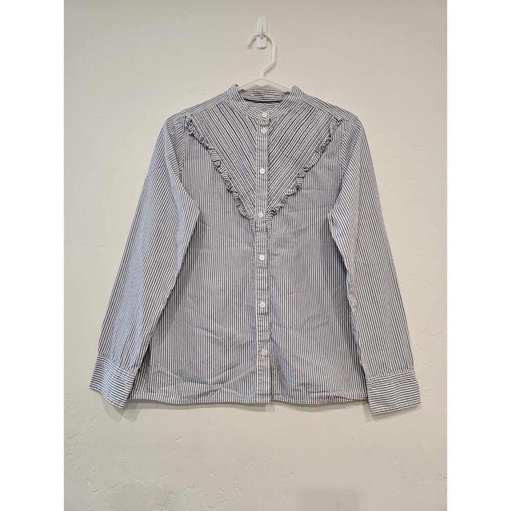 J. Crew Women's Ruffle Trim Cotton Poplin Button Up in Stripe Blue White Size 8